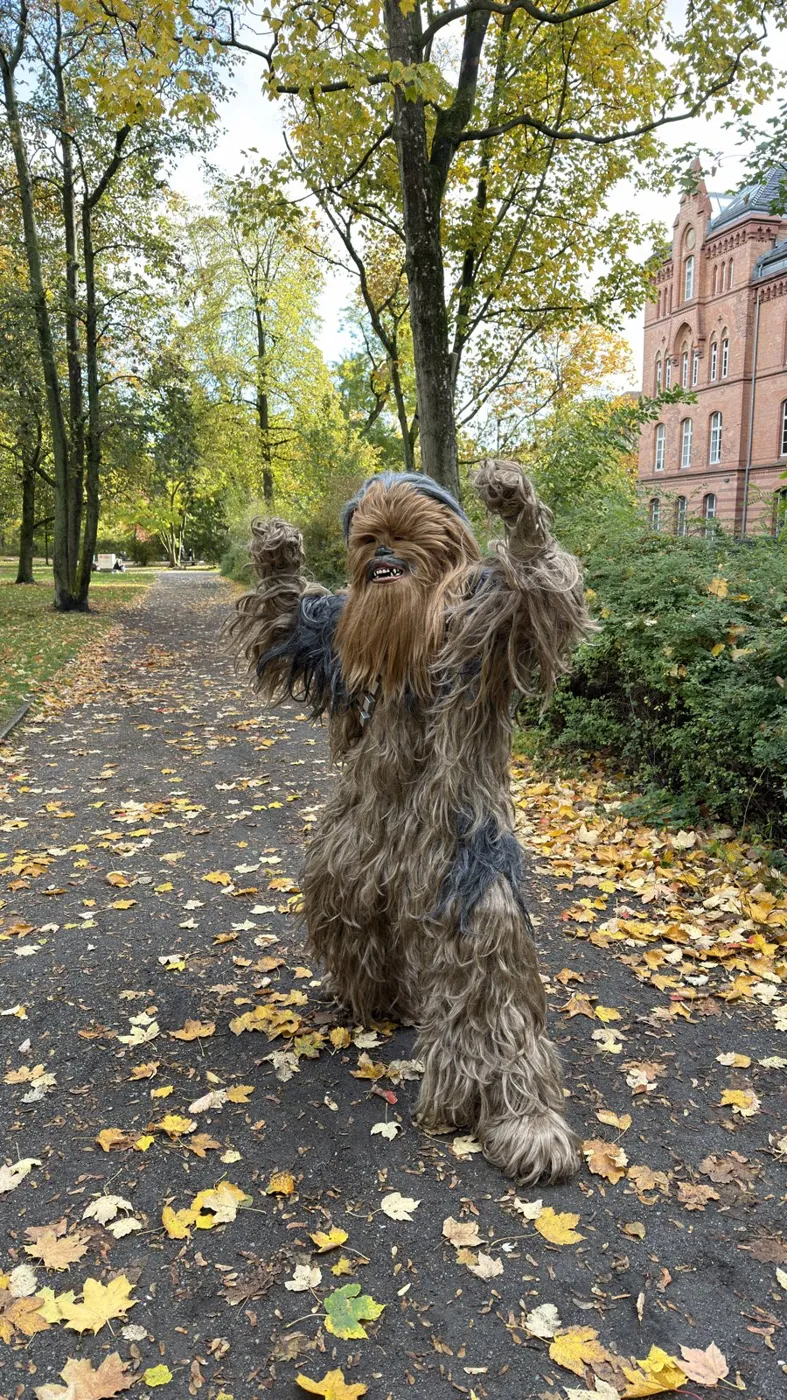 Chewbacca-Kostüm mit erhobenen Armen in einem Berliner Park im Herbst